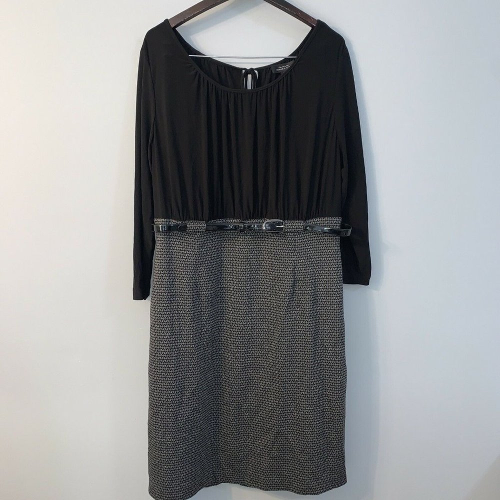 Tahari Arthur S. Levine Long Sleeve Midi Black Grey Dress Belted Size 14w